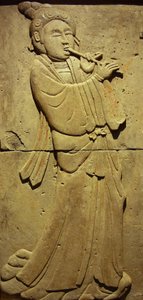 Terrakottastele med musiker, Tang-dynastiet (618-907), oppdaget i Shaanxi-provinsen, Steles Forest Museum i Xian. Fotografi, Leonard de Selva, Kina, 2006. av Tang Dynasty Chinese School
