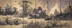 Blomster og sommerfugler (blekk, farge og bladgull på papir) av Tawaraya Sotatsu