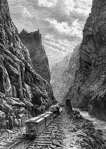 Et tog som passerer gjennom Rocky Mountains, USA, 1800-tallet.