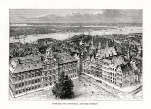 Rådhus og elven Schelde, Antwerpen, Belgia, 1879