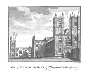 Utsikt over Westminster Abbey og St.Margarets Church tilstøtende., slutten av 1700-begynnelsen av 1800-tallet av Taylor