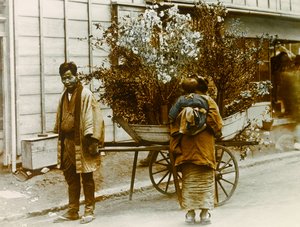Omreisende blomsterselger i gatene i Tokyo, cirka 1900–1915 (fotografi)
