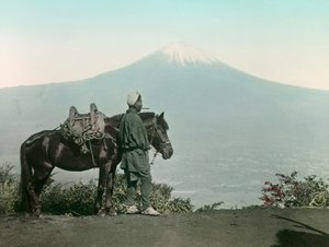Japansk mann med hest på Otome-fjellet, i toga som stirrer på Fuji-fjellet, ca. 1900–1915 (fotografi)