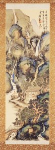 Landskap i blått og grønt, tidlig på 1910-tallet (hengende rulle: blekk og farge på silke) av Tessai Tomioka