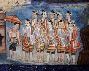 En gruppe thailandske yai (Shan) menn, detalj av veggmaleriene til Viharn laikam som skildrer Sang Thong Tales (veggmaleri) av Thai School