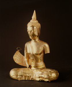 Buddha sitter i meditasjon (armer mangler) (gull)