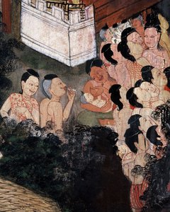 Publikum ser på teaterforestillinger i en begravelse (veggmaleri) av Thai School