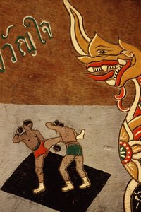Dekor på en oksevogn som viser Muay Thai (maling på tre)