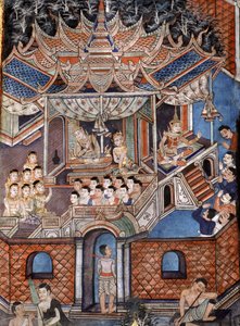 Detalj av veggmaleriene til Viharn laikam som skildrer Sang Thong Tales (veggmaleri) av Thai School