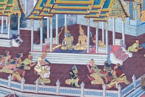 Veggmaleri som viser scener fra Ramayana ved Wat Phra Kaeo, Royal Grand Palace, Bangkok, Thailand av Thai School