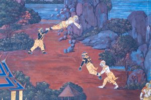 Veggmaleri som viser scener fra Ramayana ved Wat Phra Kaeo, Royal Grand Palace, Bangkok, Thailand av Thai School