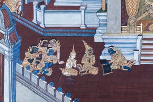 Veggmaleri som viser scener fra Ramayana ved Wat Phra Kaeo, Royal Grand Palace, Bangkok, Thailand av Thai School
