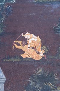 Veggmaleri som viser scener fra Ramayana ved Wat Phra Kaeo, Royal Grand Palace, Bangkok, Thailand av Thai School