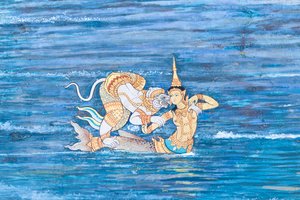 Veggmaleri som viser scener fra Ramayana ved Wat Phra Kaeo, Royal Grand Palace, Bangkok, Thailand av Thai School