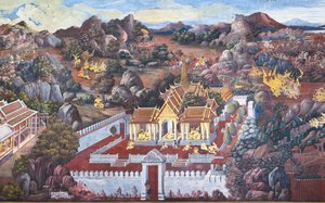 Veggmalerier som viser scener fra Ramakian ved Wat Phra Kaeo, Royal Grand Palace, Bangkok, Thailand