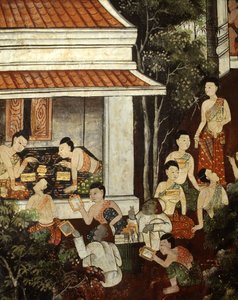 Slottsdamer kjøper smykker og speil fra muslimske kjøpmenn, Rattanakosin-stil (veggmaleri) av Thai School