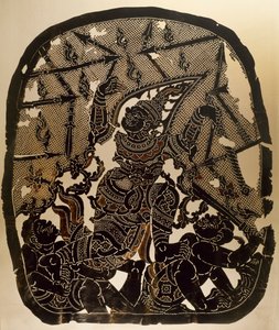 Scene fra Nang Yai skyggedukketeater som representerer Virunjambang, hærgeneral Dasakantha, utskåret skinnpanel, Thailand, Thai Civilization av Thai School