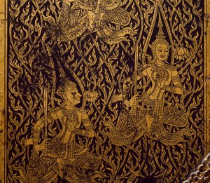 Garderobeskap for sutra, utskåret og lakkert tre, fra Bangkok, Thailand, Detail, Thai Civilization, tidlig på 1800-tallet av Thai School