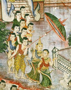 Wiharn Laikarn, episode fra Jataka Sang Thong (fresco) av Thai School