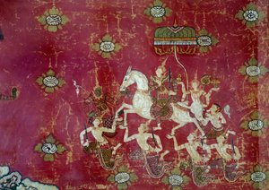 Buddhisme: "" scene av Buddhas liv: The Grand Depart"" Detalj av et maleri på lerret fra Thailand. Søn 1,4x0,9 m Paris, Musee Guimet, Musee national des Arts Asian av Thai Thai