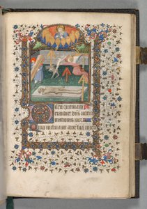 Timebok Bruk av Paris: Fol. 118r, engel og djevel som kjemper om en sjel, ca. 1420.