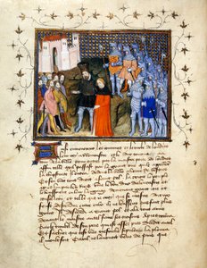 (Hele folioen) Kong Richard II, ledet til fange av Henry Bolingbroke til London, gir avkall på tronen; dekorert kant med tekst under.