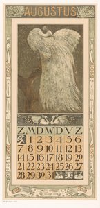 August kalenderside med hvit påfugl Kalender 1910 12 litografier av Th. v. Hoytema (serietittel) av Theo van Hoytema