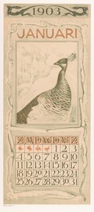 Januar kalenderark med påfugl Kalender 1903 12 litografier av Th. v. Hoytema (serietittel) av Theo van Hoytema