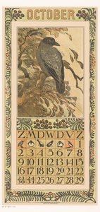 Kalenderside oktober med fargerik kråke Kalender 1910 12 litografier av Th. v. Hoytema (serietittel)
