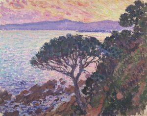 Furutre ved havet ved solnedgang av Théo van Rysselberghe