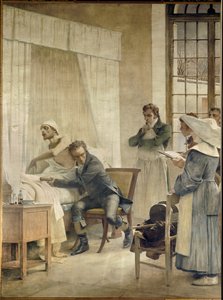 Rene Laennec auditerer en phtic foran studentene sine. Rene-Theophile-Hyacinthe Laennec (1781-1826), fransk lege, oppfinner av "pectoriloque" eller stetoskop. Fresco