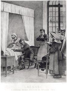 Rene Theophile Hyacinthe Laennec (1781-1826) lytter til brystet til en mann med forbruk, 1816