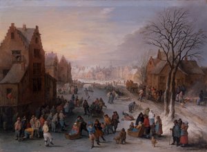 Et vinterbylandskap med mange figurer