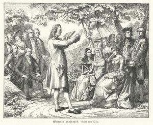 The Weimar Court of the Muses: Tysk poet og dramatiker Friedrich Schiller leser på Schloss Tiefurt, med Christoph Martin Wieland, Johann Wolfgang Goethe og Johann Gottfried Herder blant de som lytter (gravering) av Theobald Reinhold von Oer