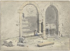 Fontene mot en bymur, der det er bygget en trapp av Theodoor Wilkens