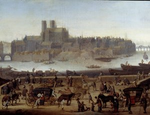 Kaien og Tournelle-broen i Paris Detalj. Utsikt over bryggene og øya La Cite. Maleri tilskrevet Theodor Matham (1606-1676) 1646 Paris, Carnavalet museum av Theodor (attr. to) Matham