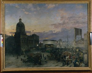 Washington Street, Indianapolis At Dusk (olje på lerret) av Theodor Groll