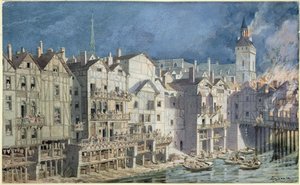 Brann ved Pont aux Meuniers i 1621 (penn og blekk og wc på papir)