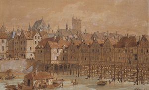 Grand Chatelet og Pont aux Meuniers (penn, blekk og wc på papir) av Theodor Josef Hubert Hoffbauer
