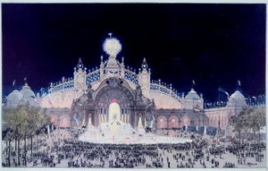 Universell utstilling: "" Utsikt over Palace of Electricite and Water Castle i Paris i 1900"" Trykk av Theodore Joseph Hubert Hoffbauer (1839-1922) kjent som Fedor Hoffbauer. 1900 Paris, Musee Carnavalet