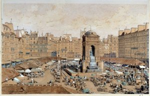 Utsikt over Marche og De uskyldiges fontene i Paris på 1800-tallet. Akvarell av Theodore Joseph Hubert Hoffbauer (1839–1922) Paris fra 1800-tallet, Musée Carnavalet av Theodor Josef Hubert Hoffbauer