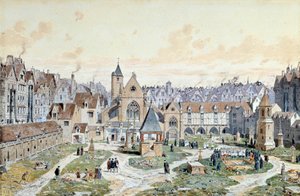 Utsikt over de uskyldiges kirkegård i Paris i 1550. Akvarell av Theodore Joseph Hubert Hoffbauer (1839-1922) Paris fra 1800-tallet, Musee Carnavalet