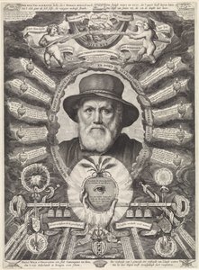 Portrett av Dirck Volckertsz. Koornhjort i allegorisk ramme av Theodor Matham