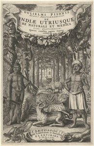 To menn og ville dyr foran en skog Tittelside for: Indiae Utriusque, 1658 av Theodor Matham