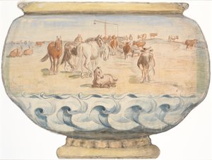 Hester og kyr ved Holländerbrønden på Saltholm (utkast til punch bowl) av Theodor Philipsen