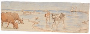 Kyr og kalver nær ombordstigningsstedet på Saltholm (utkast til punch bowl dekorasjon) av Theodor Philipsen