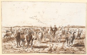 Storfe og melkevogn på et jorde av Theodor Philipsen