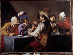 Kortspillere, brelan-maleriet av Theodore Rombouts (1597-1637) 1600-tallets søn. 1,52x2,06 m Antwerpen. Koninklik Museum - Kortspillerne, "" brelan"". Maleri av Theodore Rombouts (1597-1637)