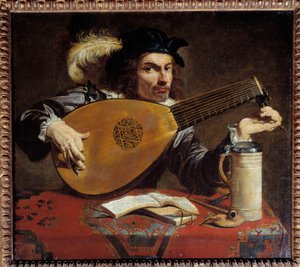 Mann som stemmer sin lut. Maleri av Theodore Rombouts (1597 - 1637) Ec. Flam.