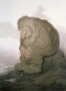 The troll who wonders how old he is   1313269   no       norwegian Successfully Translated  Original: Twee hondshaaien op het strand Canicula. LAnche ou Roussette (title on object) Vissen en andere zeedieren - zoutwater tweede reeks (series title) Poissons av Theodor Kittelsen
